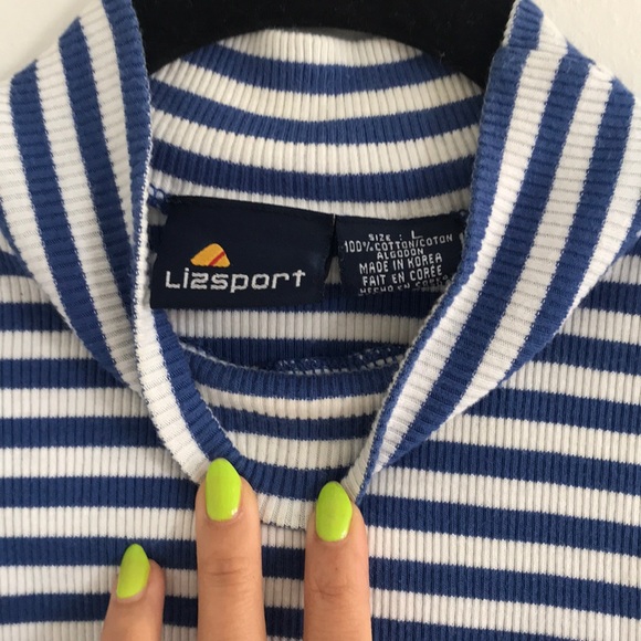 LIZ SPORT cropped knit turtleneck blue stripe SZ L - Picture 3 of 3